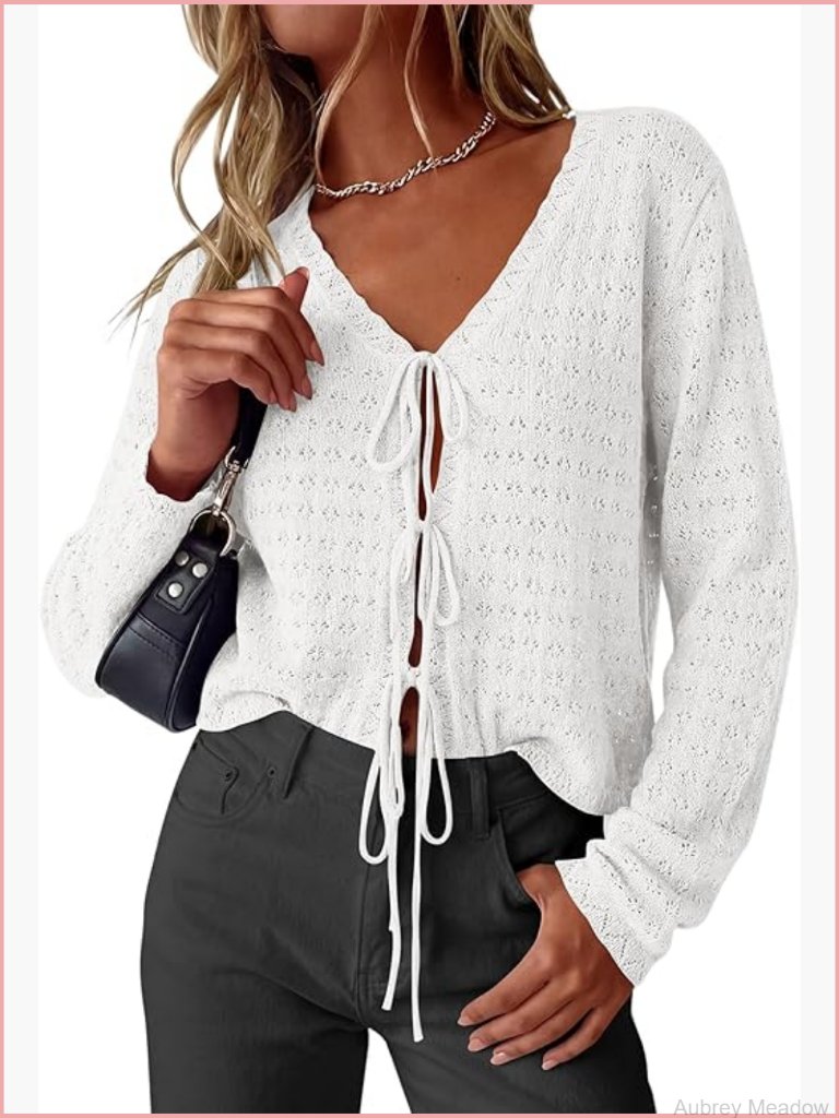 Tie Front Crochet Knit Cardigan Cover Up Boho Beach Vacation Lightweight Tops